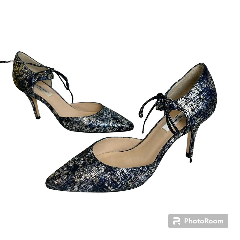 LK Bennett Shoes Womens 40 US 10.5 Foil Blue Suede Leather Pointy Toe Pumps Heel